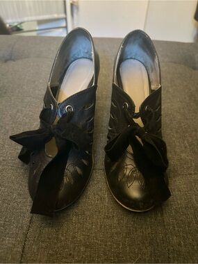 Hush Puppies Black Cutout Lace-Up Heels with Velvet Bow